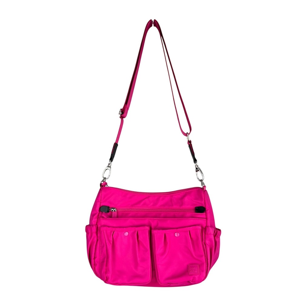 IHKWIP Hot Pink Nylon Crossbody Bag Multi Pocket Travel Utility Shoulder Purse